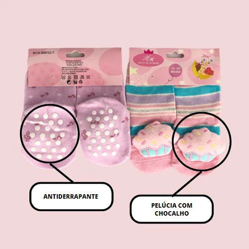 Meia Fofinha Bebê com pantufa e chocalho - compre 3 e leve 4